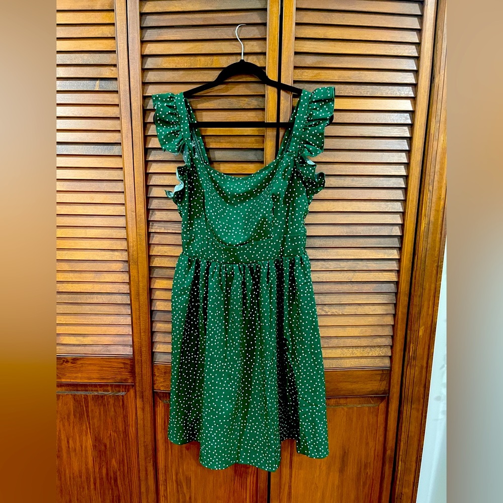 Green polka dot frill sleeve dress